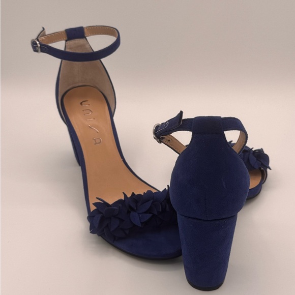 Unisa Royal Blue Suede Block Heels with Floral Toe Detail - Picture 2 of 4
